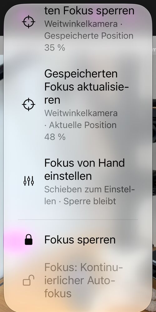 Die von der AF-Taste geöffneten Fokusoptionen: „Gespeicherten Fokus löschen“, „Auf gespeicherten Fokus sperren“, „Gespeicherten Fokus aktualisieren“, „Fokus von Hand einstellen“, „Fokus sperren“ und die Statuszeile