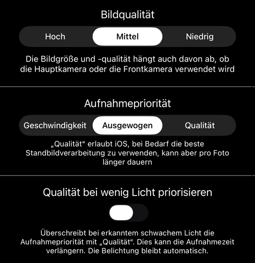 Bildqualität, Aufnahmepriorität und der Schalter für wenig Licht