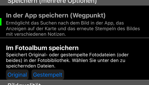 Die Speicherziele; die Kopien, die die App verlassen, haben je eine eigene Wahl zwischen Original und gestempelt
