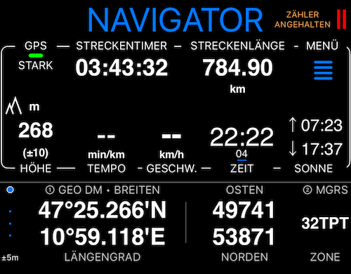Panel mit dualen Koordinaten: Geo DM und MGRS nebeneinander