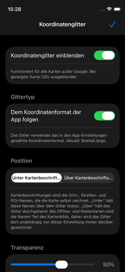 Einstellungen des Koordinatengitters mit aktiviertem Gitter, automatischer Formatübernahme, Beschriftungsposition und Transparenz