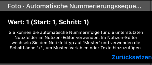 Titel-Zählsequenz: der aktuelle Wert und die Schaltfläche Zurücksetzen