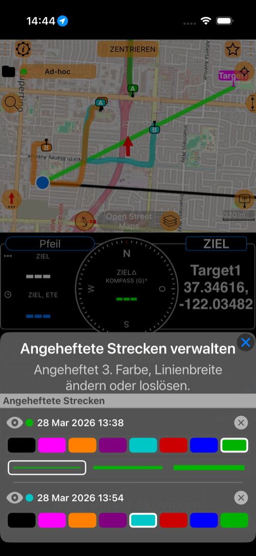 Angeheftete Strecken ueber der Karte verwalten