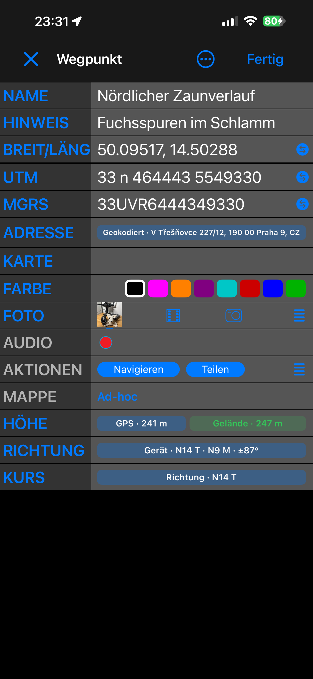 Der Wegpunkt-Editor in der Ansicht Erweitert, mit Höhe, Richtung und Kurs am Ende der Liste