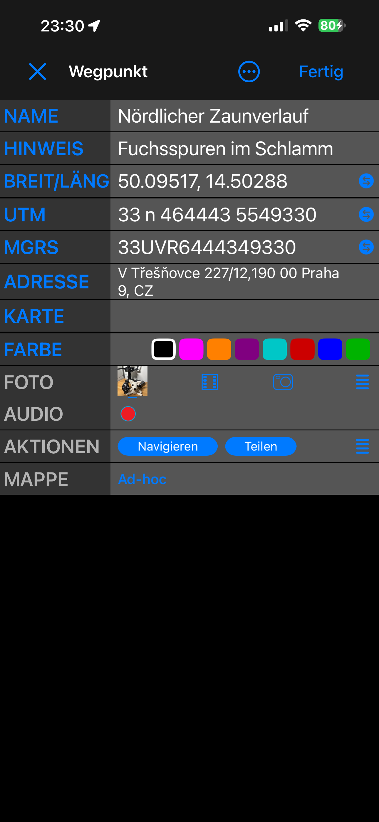 Der Wegpunkt-Editor in der Ansicht Einfach: NAME, HINWEIS, BREIT/LÄNG, UTM, MGRS, ADRESSE, KARTE, FARBE, FOTO, AUDIO, AKTIONEN und MAPPE, je eine Zeile