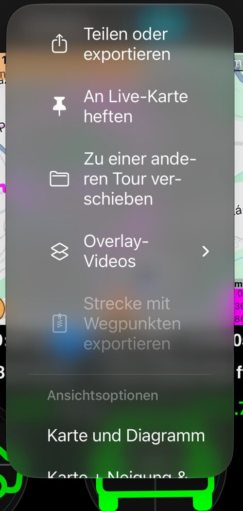 Das Menü „Mehr“ am Track-Bildschirm: „Teilen oder exportieren“, „An Live-Karte anheften“, „Verschieben“, „Overlay-Videos“ und der Abschnitt „Ansichtsoptionen“ mit ausgewähltem „Karte + Nick & Roll + Diagramm“