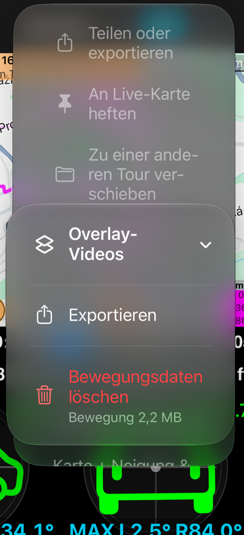 Das Untermenü „Overlay-Videos“: „Exportieren“ und „Bewegungsdaten löschen“ mit Größenangabe