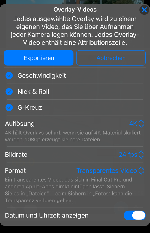 Optionen für Overlay-Videos: die in dieser Aufnahme verfügbaren Overlays, alle ausgewählt, und die Zeile „Auflösung“