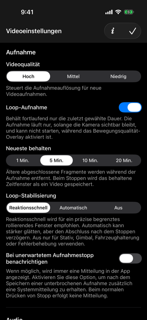 Videoeinstellungen mit hoher Qualität und einer reaktionsschnellen fünfminütigen Loop-Aufnahme