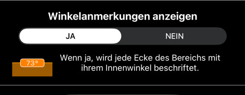 Die Einstellung Winkelanmerkungen anzeigen auf JA, mit einer Beispielanmerkung 73°