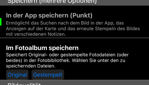Die Speicherziele; die Kopien, die die App verlassen, haben je eine eigene Wahl zwischen Original und gestempelt