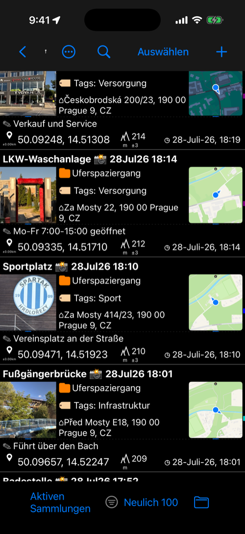 Wegpunktliste mit Geländehöhen und Kartenschnappschuss-Vorschauen in den Zeilen