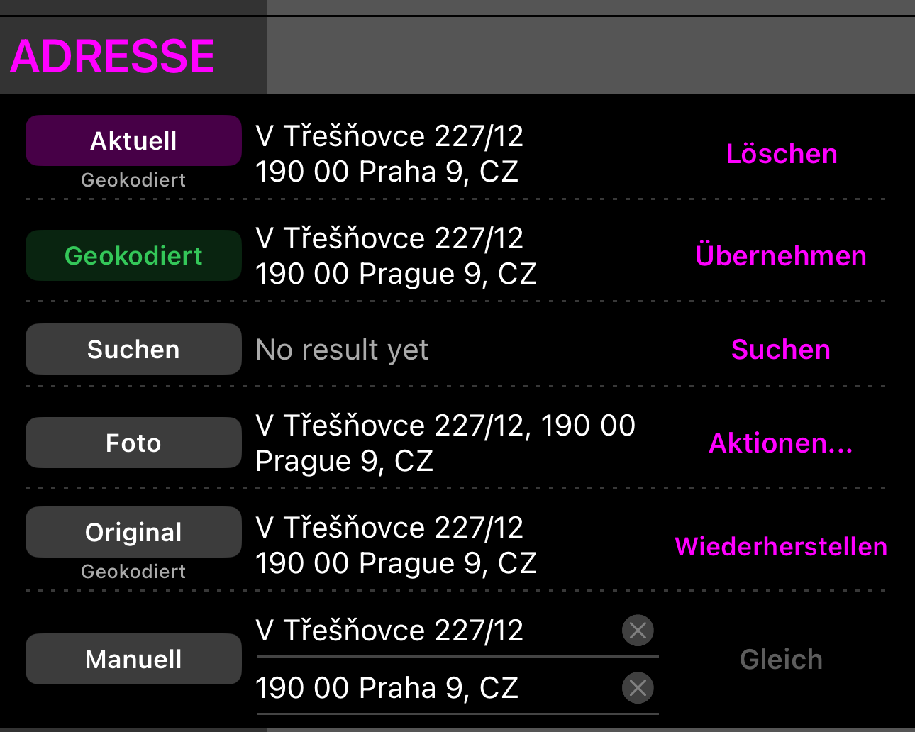 Der Abschnitt Adresse geöffnet: Aktuell, Geokodiert mit Suchen, Suche, Foto und zwei manuelle Adresszeilen