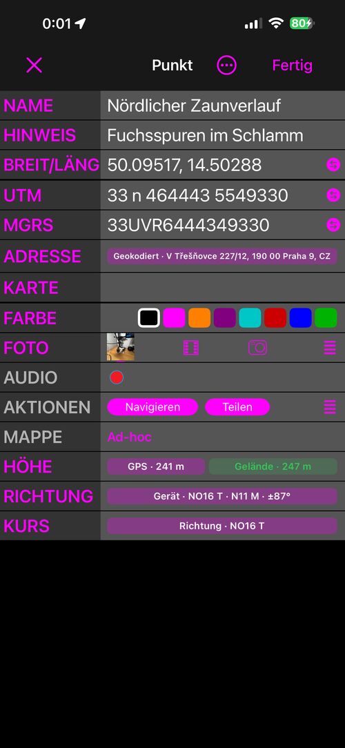 Der Punkt-Editor in der Ansicht Erweitert, mit Höhe, Richtung und Kurs am Ende der Liste