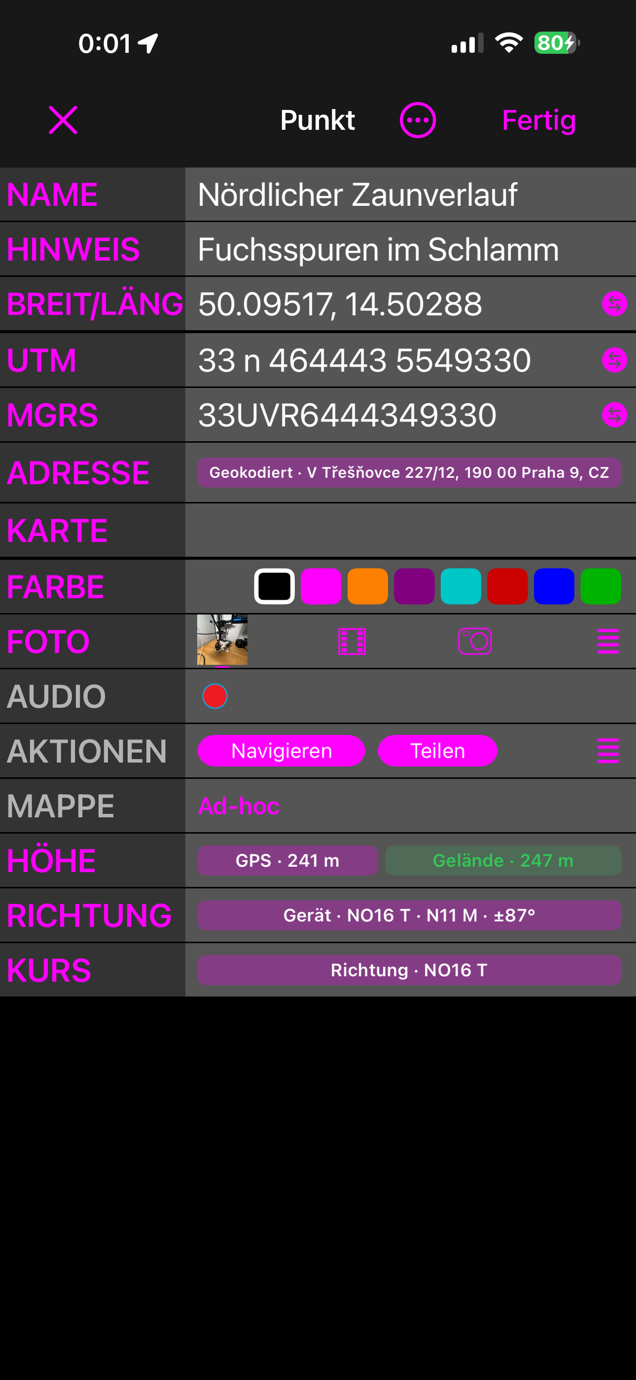 Der Punkt-Editor in der Ansicht Erweitert, mit Höhe, Richtung und Kurs am Ende der Liste