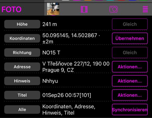 Der Abschnitt Foto geöffnet, mit Zeilen für Höhe, Koordinaten, Richtung, Adresse, Hinweis und Titel, jeweils mit dem Wert des Fotos, und einer Zeile Alle