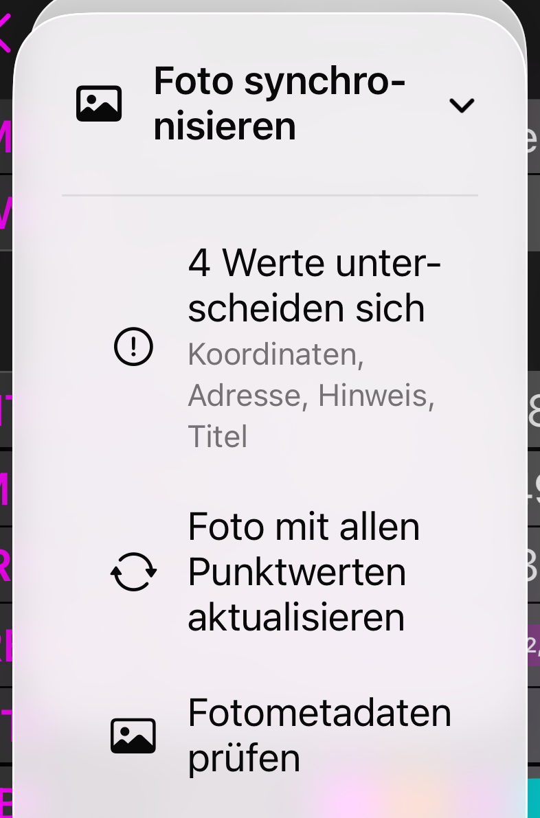 Das Menü Foto synchronisieren: eine Statuszeile mit 3 Werte unterscheiden sich, Foto mit allen Punktwerten aktualisieren und Foto-Metadaten prüfen