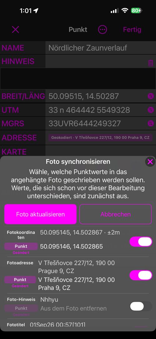 Das Blatt im Modus Alle aktualisieren, mit einer Zeile, deren Punktwert Aus Foto entfernen lautet und deren Schalter aus ist