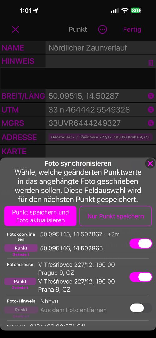 Das Blatt Foto synchronisieren beim Speichern: Punkt speichern und Foto aktualisieren, Nur Punkt speichern und je eine Zeile pro Feld mit dem Wert des Fotos über dem des Punktes und einem Schalter
