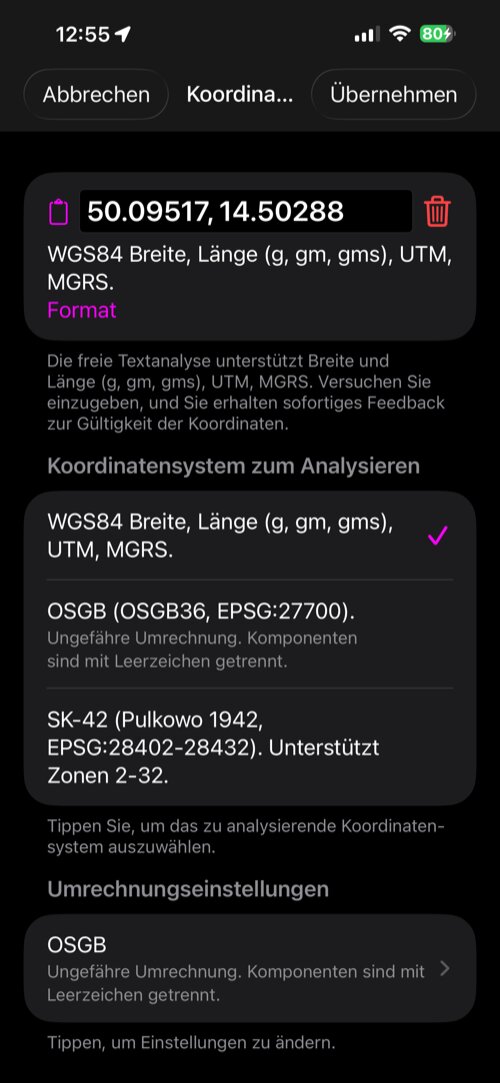 Der aus dem Punkt-Editor geöffnete Koordinatenumrechner, mit Breite und Länge des Punktes im Eingabefeld, der Formatliste des Parsers und Abbrechen und Übernehmen in der Leiste