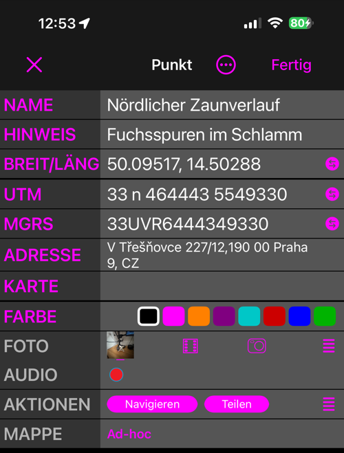 Der Punkt-Editor in der Ansicht Einfach: NAME, HINWEIS, BREIT/LÄNG, UTM, MGRS, ADRESSE, KARTE, FARBE, FOTO, AUDIO, AKTIONEN und MAPPE, je eine Zeile