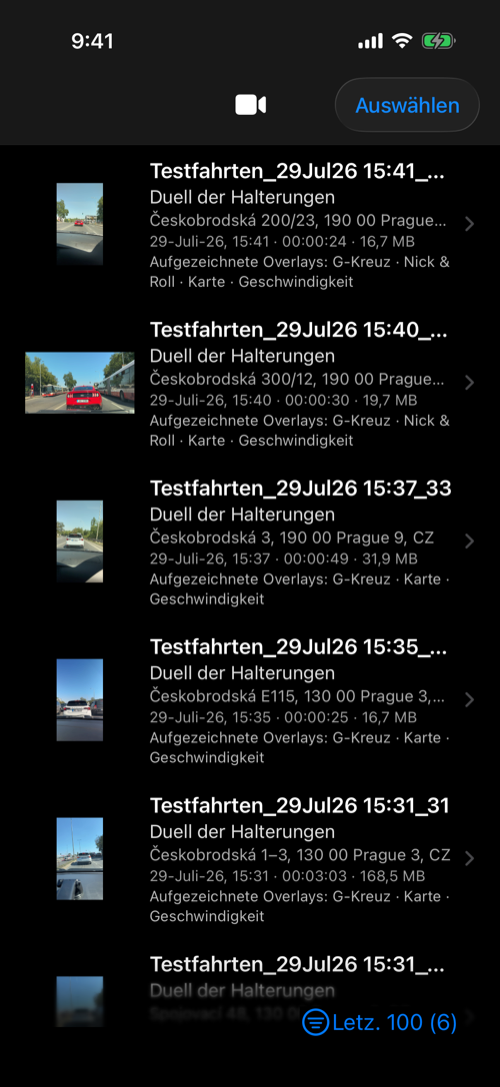 Videomediathek mit gespeicherten Aufnahmen, Vorschaubildern, Metadaten und aufgezeichneten Overlays