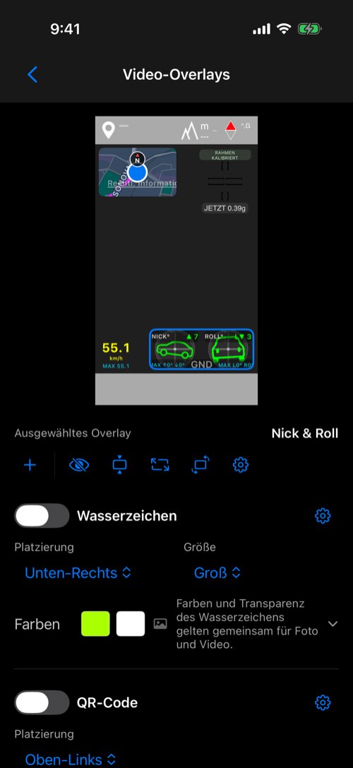 Overlay-Editor mit Karte oben links, G-Kreuz oben rechts, Geschwindigkeit unten links und Nick & Roll unten rechts