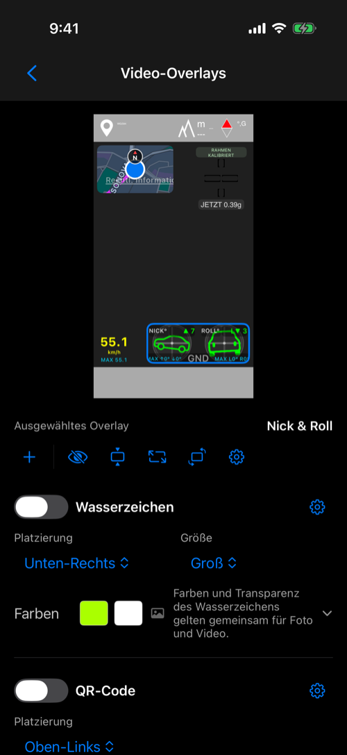 Overlay-Editor mit Karte oben links, G-Kreuz oben rechts, Geschwindigkeit unten links und Nick & Roll unten rechts