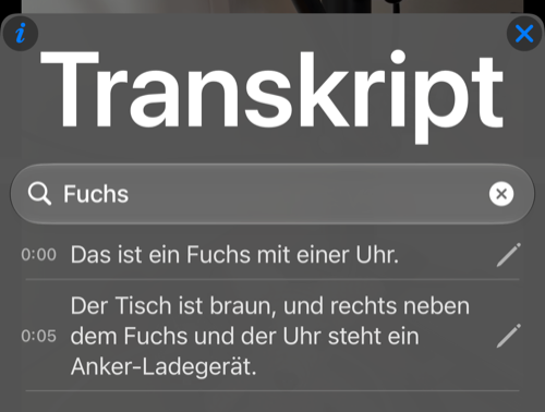 Die Suche nach Fuchs zeigt zwei passende Transkriptzeilen mit ihren ursprünglichen Zeitstempeln und Bearbeitungsstiften