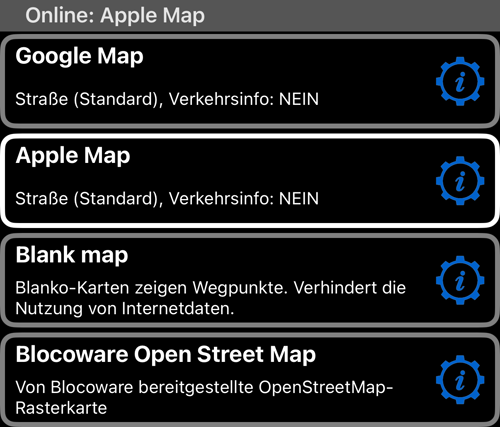 Die Liste „Karten“ mit Google Map, Apple Map, Blank map und Blocoware Open Street Map samt Cache-Größe und Kachelzahl
