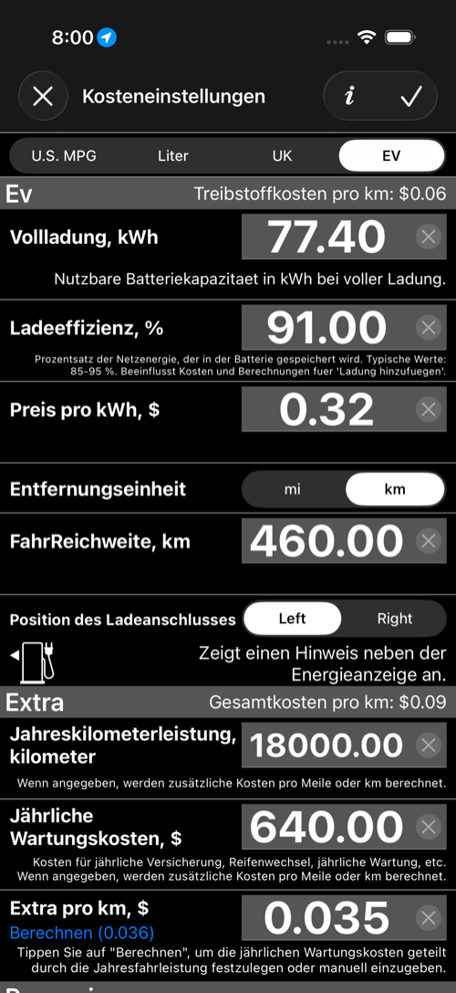 EV-Kosteneinstellungsbildschirm