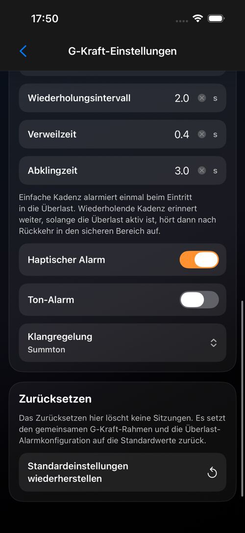 G-Kraft-Einstellungsbildschirm