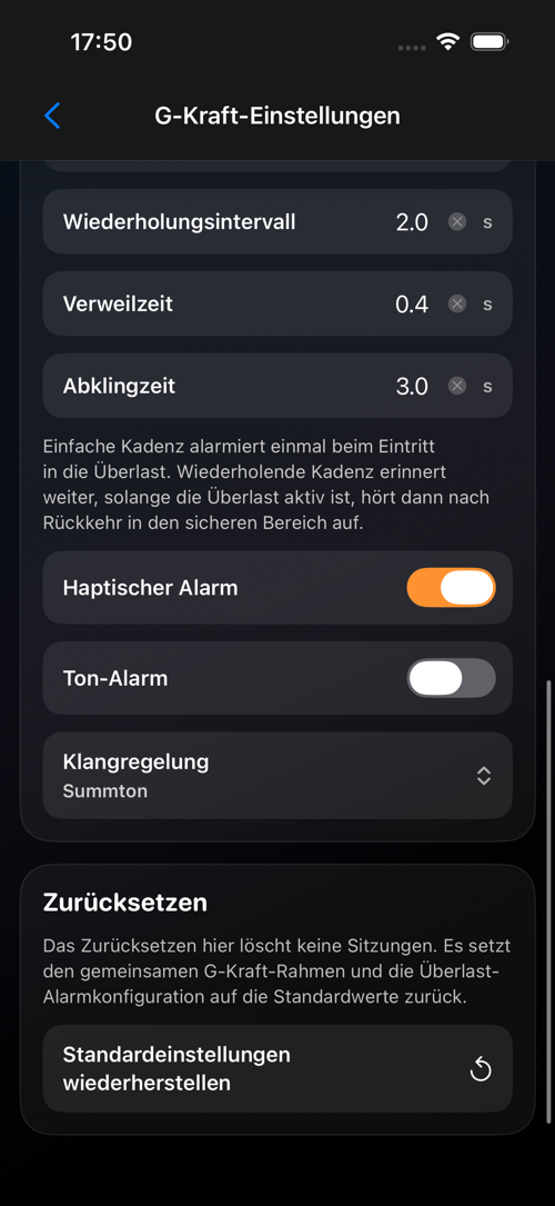 G-Kraft-Einstellungsbildschirm