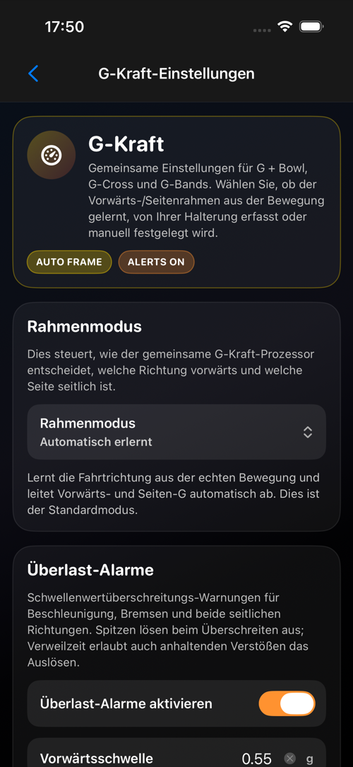 G-Kraft-Einstellungsbildschirm