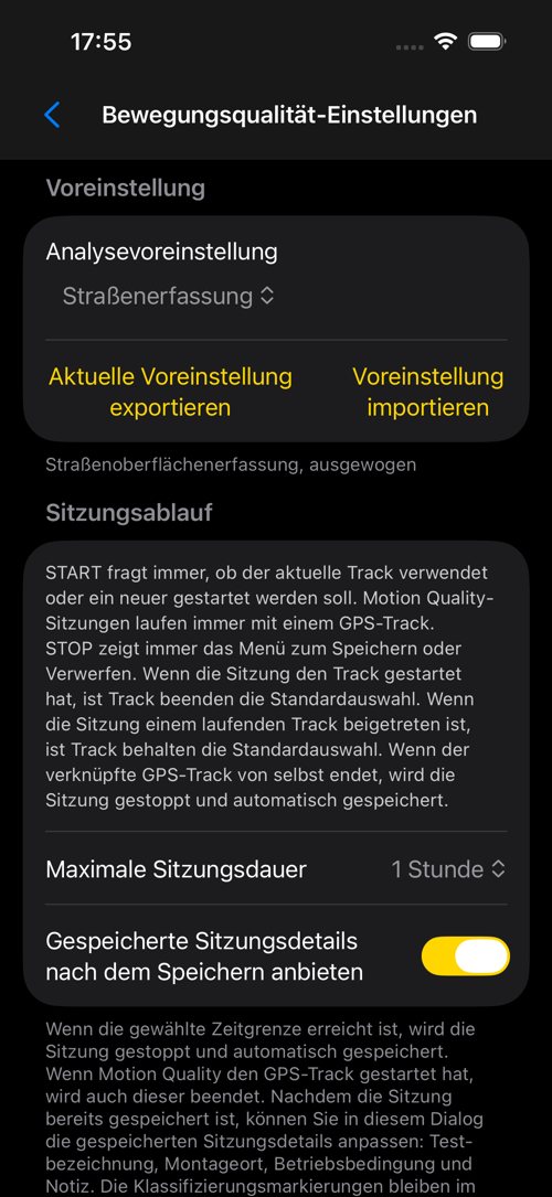 Road Survey Einstellungen