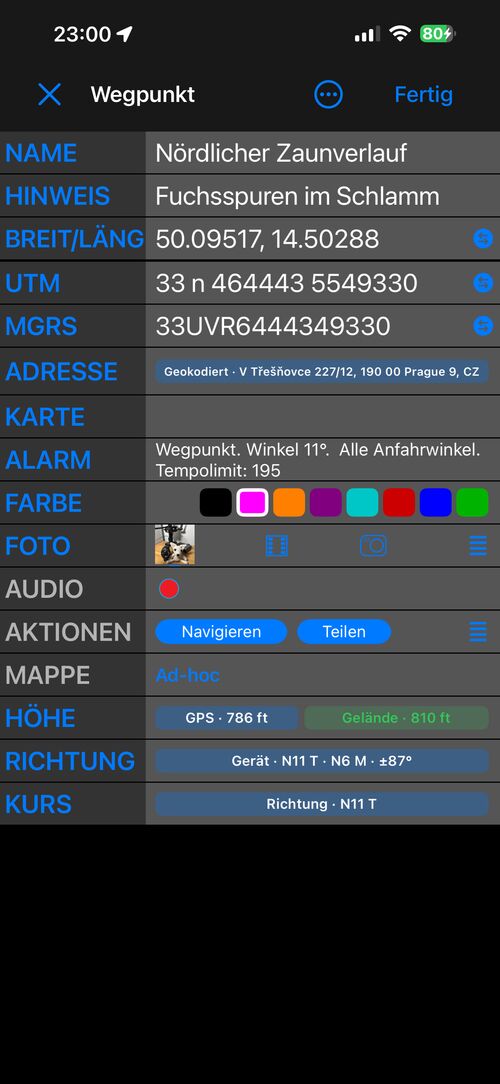 Der Wegpunkt-Editor in der Ansicht Erweitert, mit Höhe, Richtung und Kurs am Ende der Liste