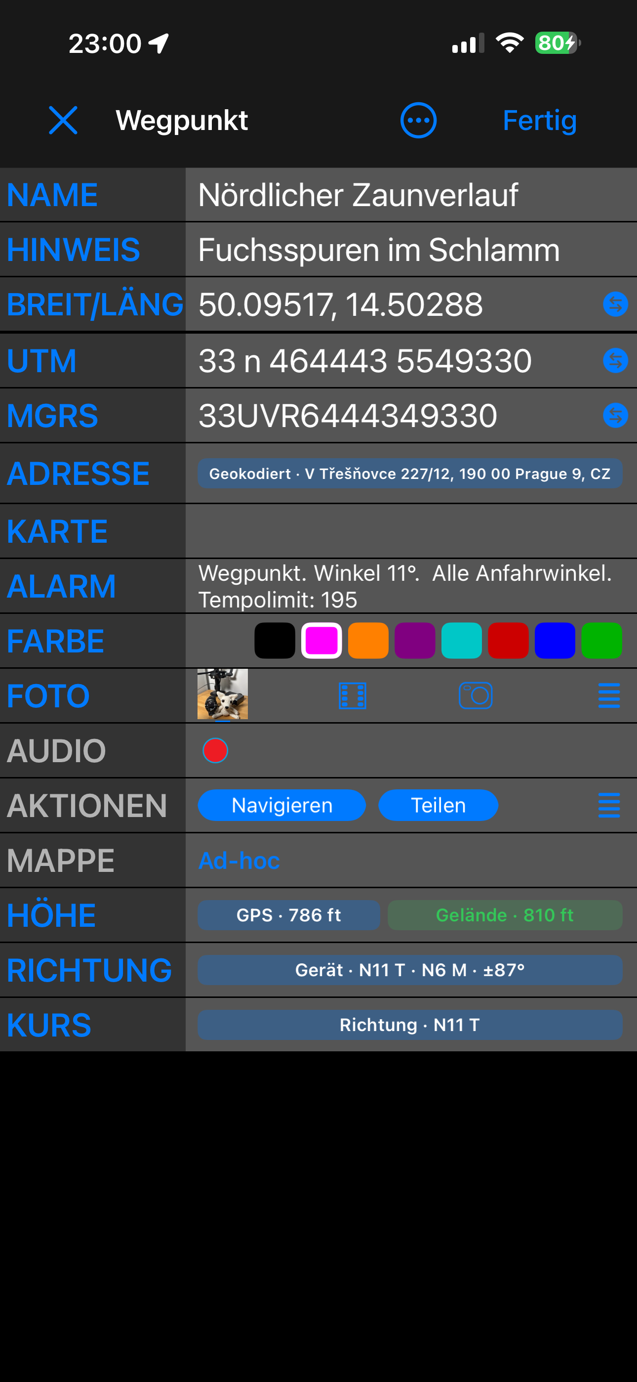 Der Wegpunkt-Editor in der Ansicht Erweitert, mit Höhe, Richtung und Kurs am Ende der Liste