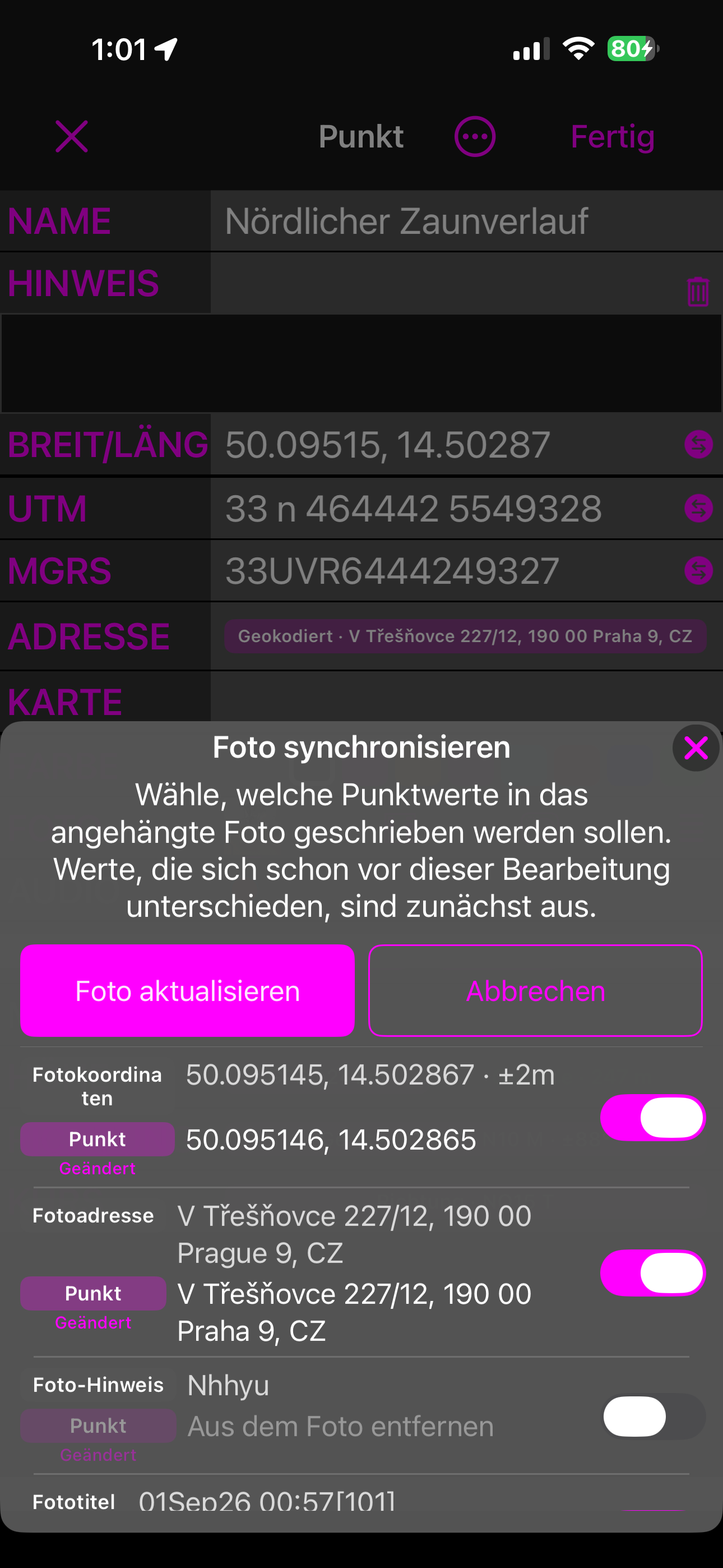 Das Blatt im Modus Alle aktualisieren, mit einer Zeile, deren Wegpunktwert Aus Foto entfernen lautet und deren Schalter aus ist