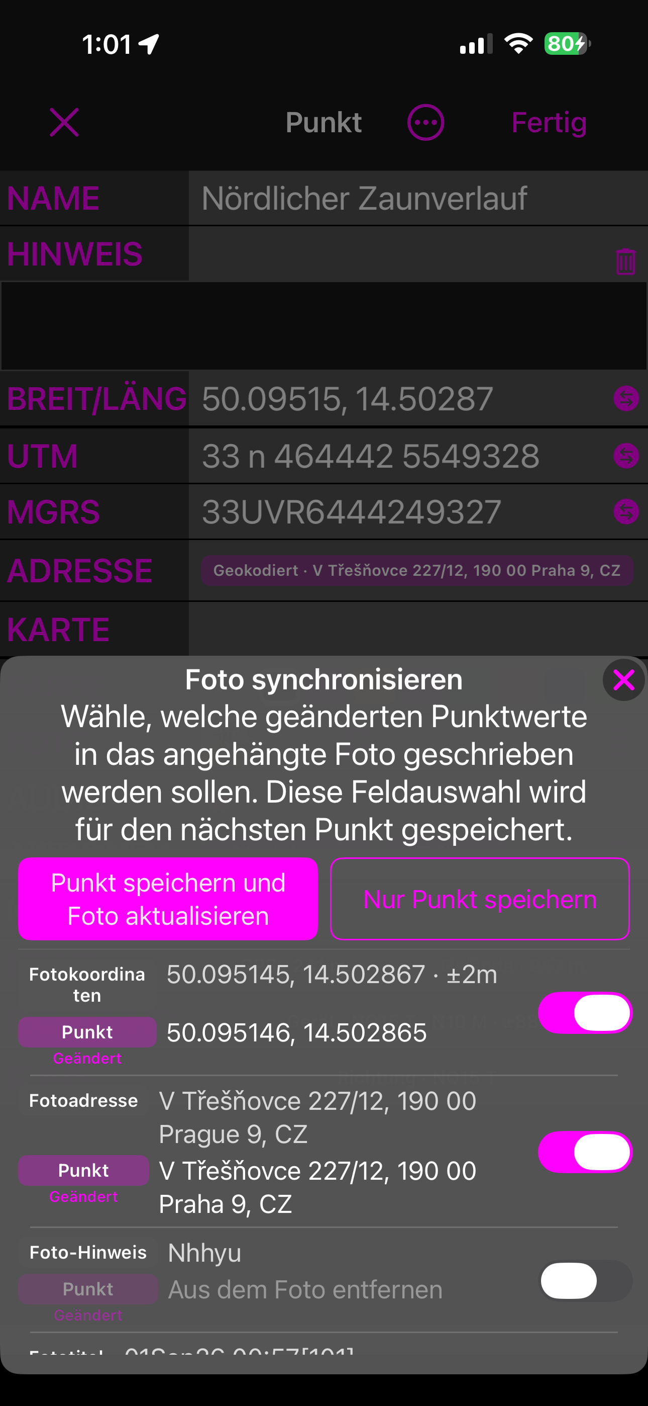 Das Blatt Foto synchronisieren beim Speichern: Wegpunkt speichern und Foto aktualisieren, Nur Wegpunkt speichern und je eine Zeile pro Feld mit dem Wert des Fotos über dem des Wegpunktes und einem Schalter