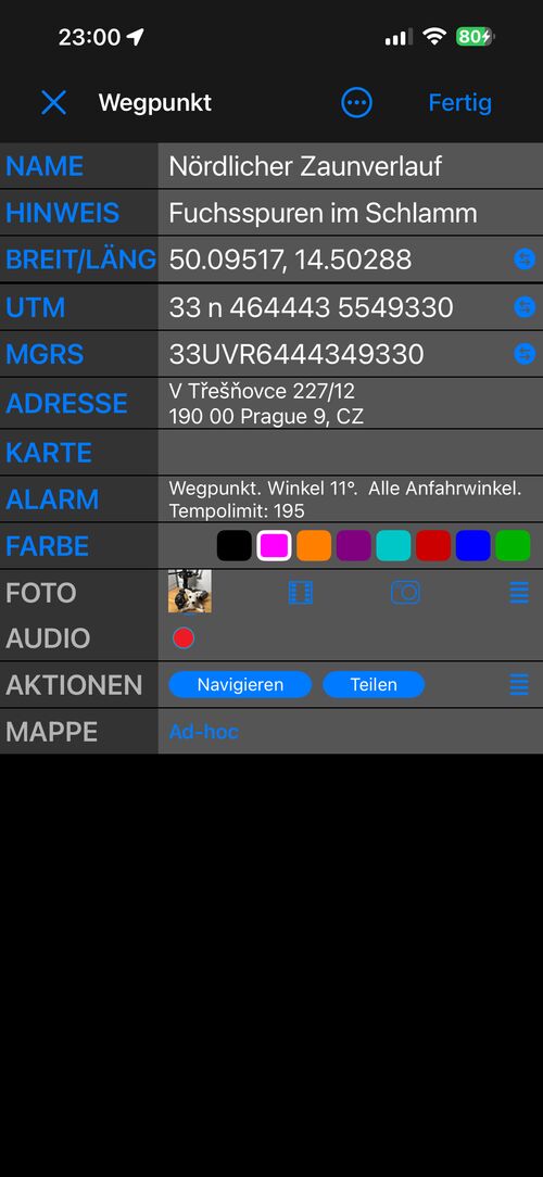 Der Wegpunkt-Editor in der Ansicht Einfach: NAME, HINWEIS, BREIT/LÄNG, UTM, MGRS, ADRESSE, KARTE, FARBE, FOTO, AUDIO, AKTIONEN und MAPPE, je eine Zeile