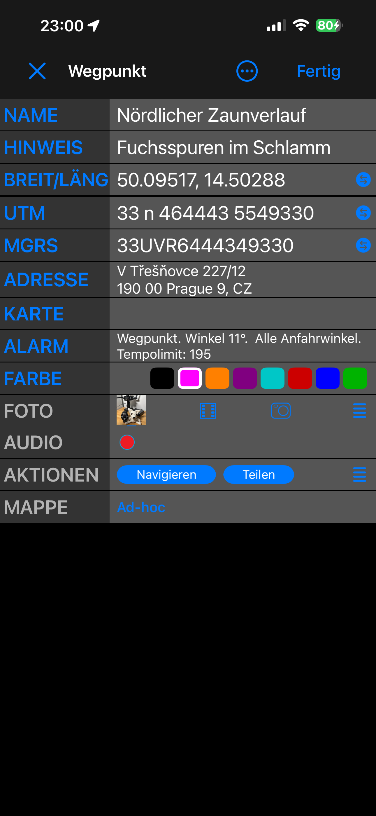 Der Wegpunkt-Editor in der Ansicht Einfach: NAME, HINWEIS, BREIT/LÄNG, UTM, MGRS, ADRESSE, KARTE, FARBE, FOTO, AUDIO, AKTIONEN und MAPPE, je eine Zeile