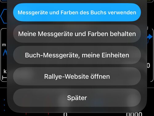 Geladenes Rallye-Buch mit Optionen für Messgeräte, Farben und Einheiten