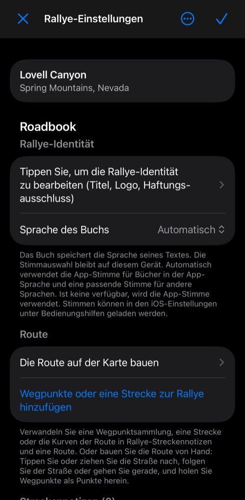 Rallye-Einstellungen: die Gruppe Roadbook mit Rallye-Identität, Sprache des Buchs, dem Abschnitt Route und den Streckennotizen