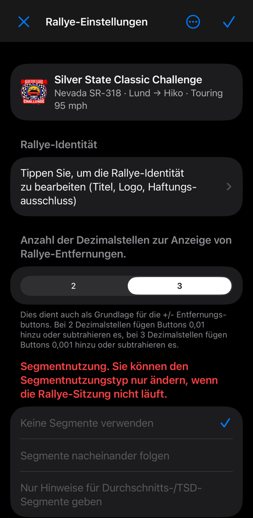 Rallye-Einstellungen: Rallye-Identität, Dezimalstellen, Segmentnutzung und Segmente