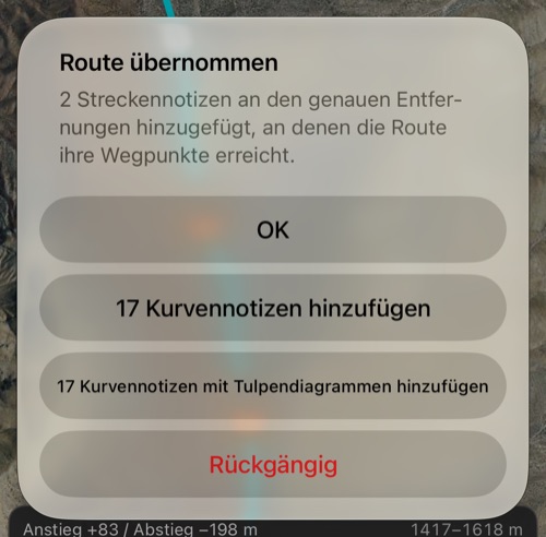 Die Zusammenfassung nach dem Übernehmen: zwei Streckennotizen an ihren genauen Entfernungen, das Angebot, 17 Kurvennotizen mit oder ohne Tulpendiagramme hinzuzufügen, OK und Rückgängig