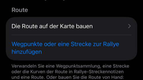 Rallye-Einstellungen: die Gruppe Roadbook mit Die Route auf der Karte bauen und Wegpunkte oder eine Strecke zur Rallye hinzufügen im Abschnitt Route