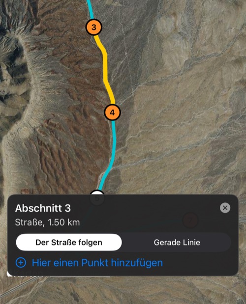 Abschnitt 3 auf der Karte ausgewählt, mit seiner Karte: die Länge der Straße, der Schalter Der Straße folgen / Gerade Linie und Hier einen Punkt hinzufügen