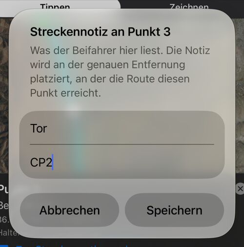 Das Notizformular für einen Punkt, mit Anweisung und optionaler Markierung