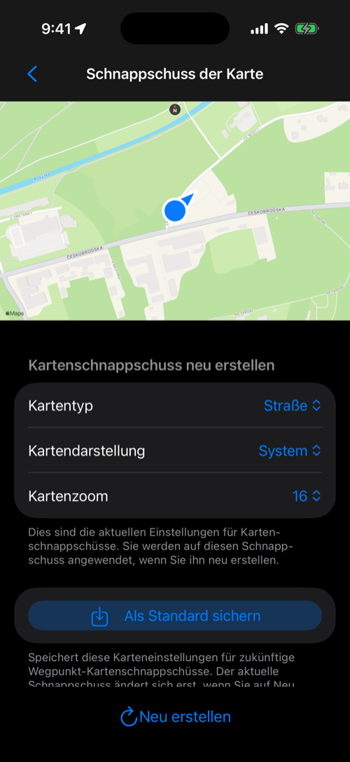 Vergrößerter Karten-Schnappschuss mit Kartentyp, Kartendarstellung, Kartenzoom, Als Standard sichern und Neu erstellen