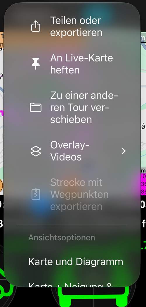 Das Menü „Mehr“ am Track-Bildschirm: „Teilen oder exportieren“, „An Live-Karte anheften“, „Verschieben“, „Overlay-Videos“ und der Abschnitt „Ansichtsoptionen“ mit ausgewähltem „Karte + Nick & Roll + Diagramm“